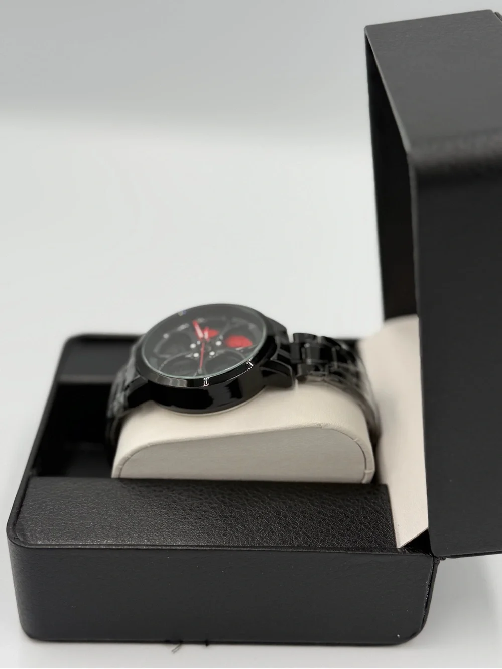 Black Men's Spinning Mechanical-Style Watch with Red Accents
